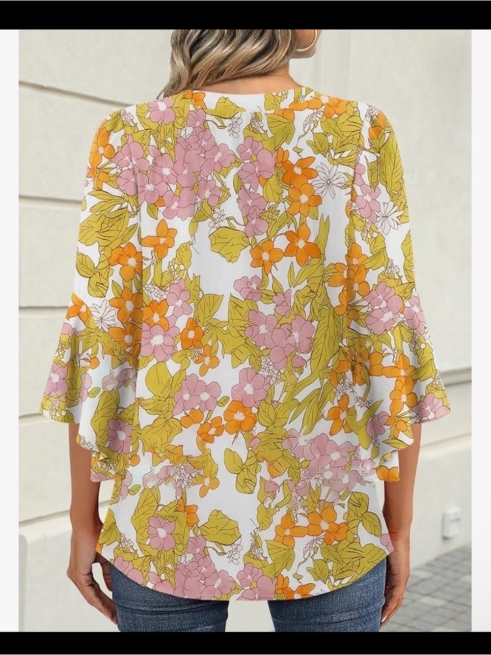Floral V-Neck Ruffle Sleeve Blouse - White with Pink & Orange Floral Print - Picture 3 of 3